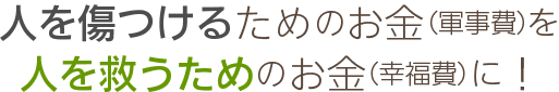 人を傷つけるためのお金（軍事費）を人を救うためのお金（幸福費）に！