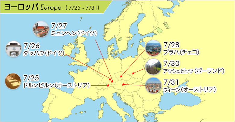 ヨーロッパ（7/25：ドルンビルン[オーストリア]、7/26：ダッハウ[ドイツ]、7/27：ミュンヘン[ドイツ]、7/28：プラハ[チェコ]、7/30：アウシュビッツ[ポーランド]、7/31：ウィーン[オーストリア]）